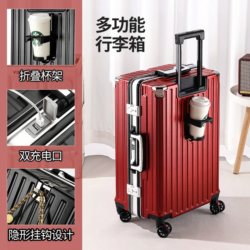 Multifunctional Luggage Women Men's Trolley Case 20-Inch Boarding Aluminum Frame Charging Large Capacity Travel Password Leather Case