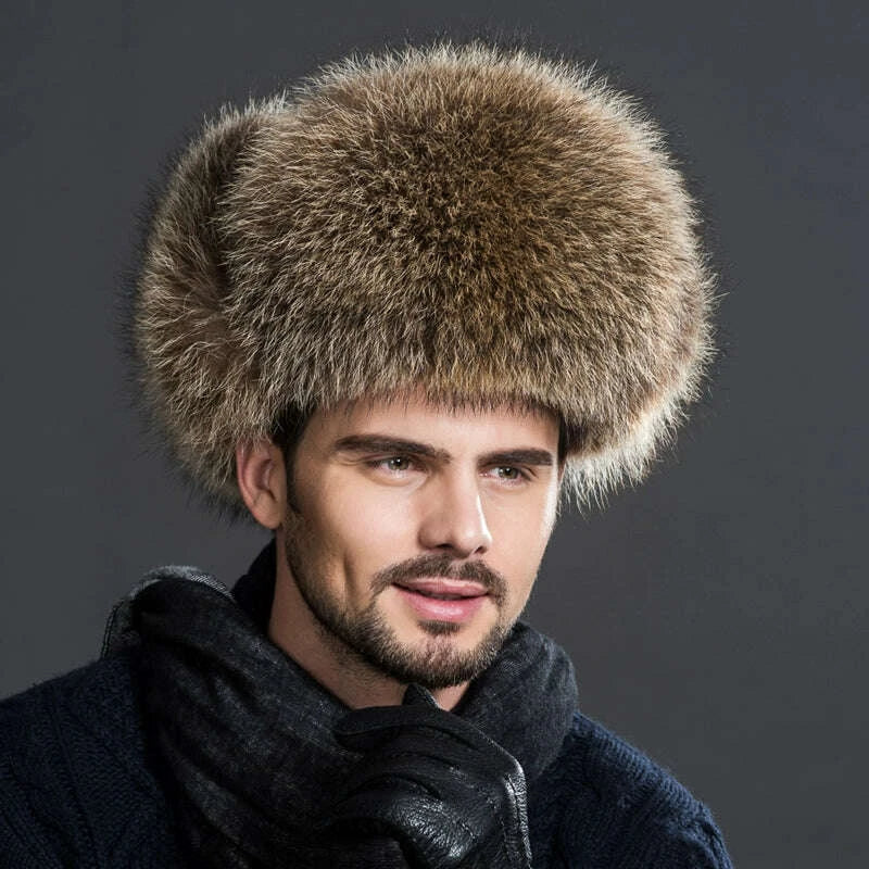 KIMLUD, Winter Middle-Aged and Elderly Raccoon Fur Leather Men Ushanka, KIMLUD Womens Clothes