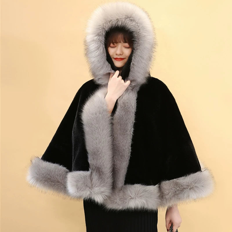 No. 19-Fall and Winter Bride Imitation Fox Fur Shawl Wedding Cloak Dress and Cheongsam Fur Cape Coat White Thick Women