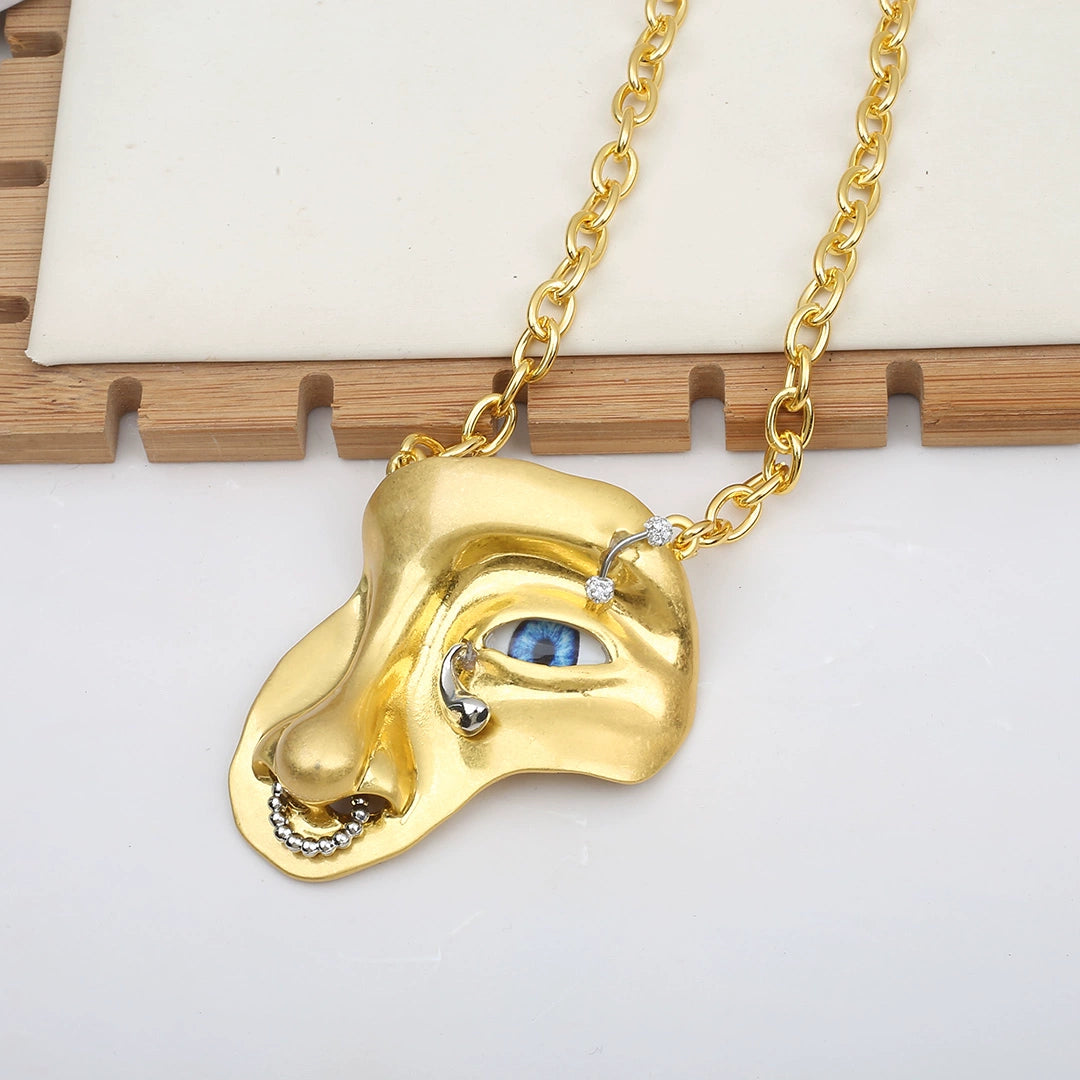 Fashion Xiapa Exaggerated Staring Half Face Mask Necklace Cuban Link Chain Devil's Eye Middle Ancient Eye Clavicle Chain Tide