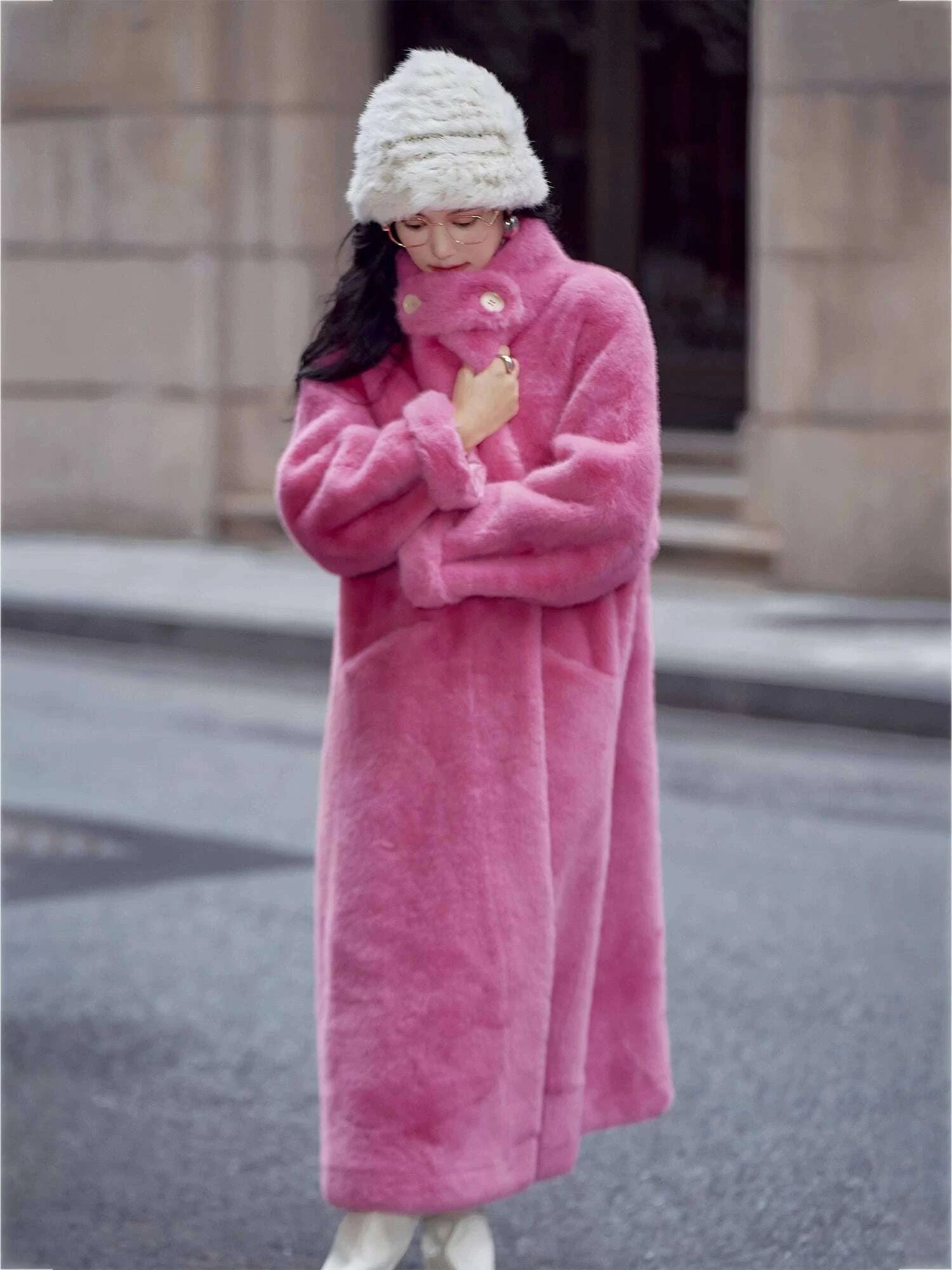 KIMLUD, Basic House/Baijiahao New Year Battle Robe Rose Red Classy Furry Coat Female Winter Long Environmental-Friendly Fur, KIMLUD Womens Clothes