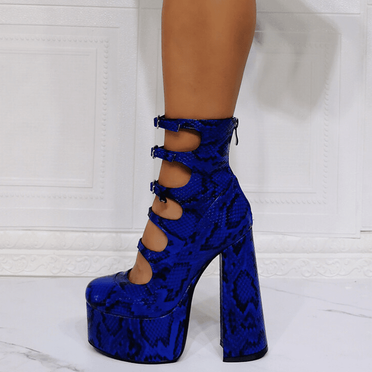 KIMLUD, Hollow-out Bright Red Leather Chunky Heel Boots, KIMLUD Womens Clothes