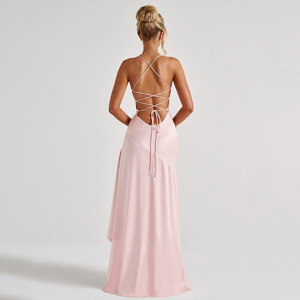 Summer 2025 new temperament elegant satin long skirt personality suspender ruffle high slit dress club clothing Vestidos