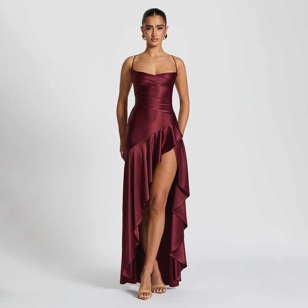 Summer 2025 new temperament elegant satin long skirt personality suspender ruffle high slit dress club clothing Vestidos