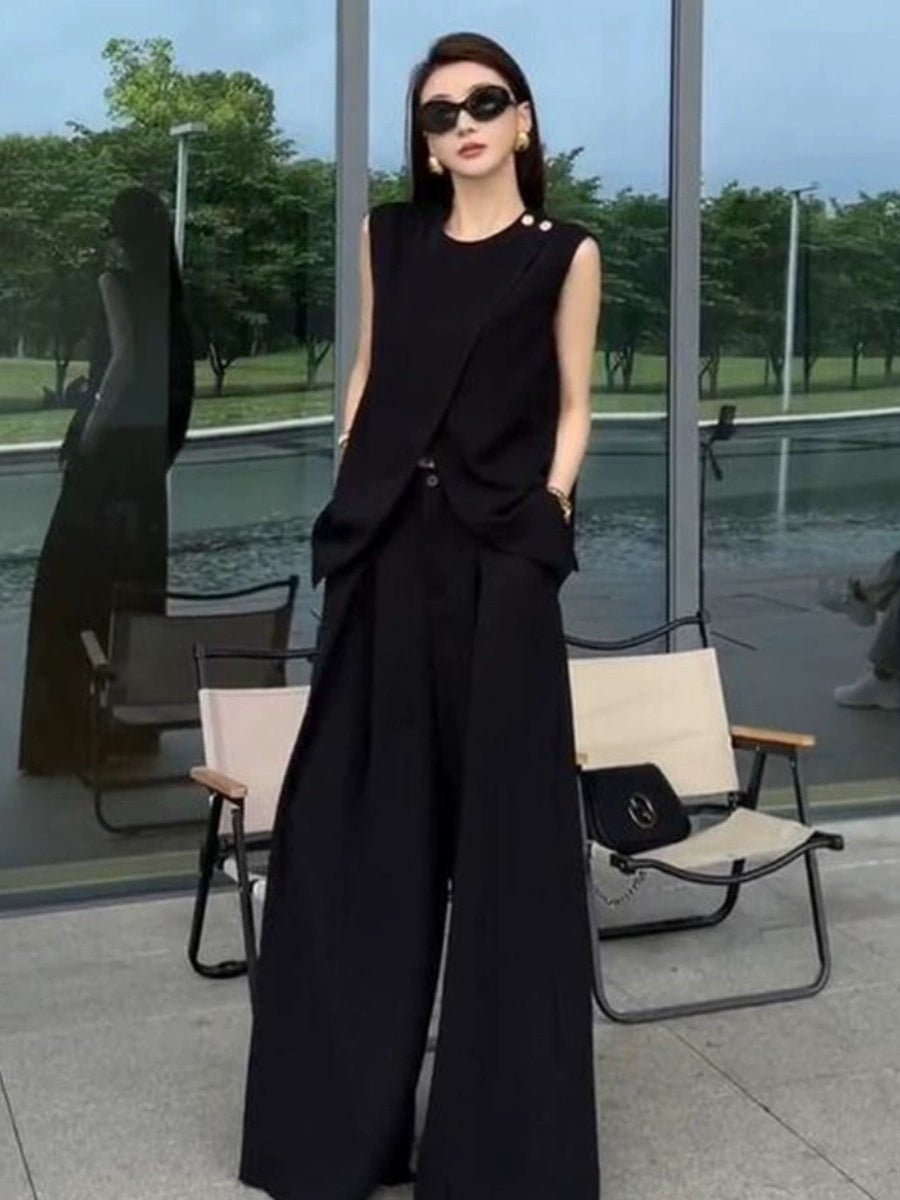 Fancy Sleeveless Adult Lady like Woman Vest Suit Women 2025 Summer Loose Temperament Casual Socialite Loose Pants Two-piece Set