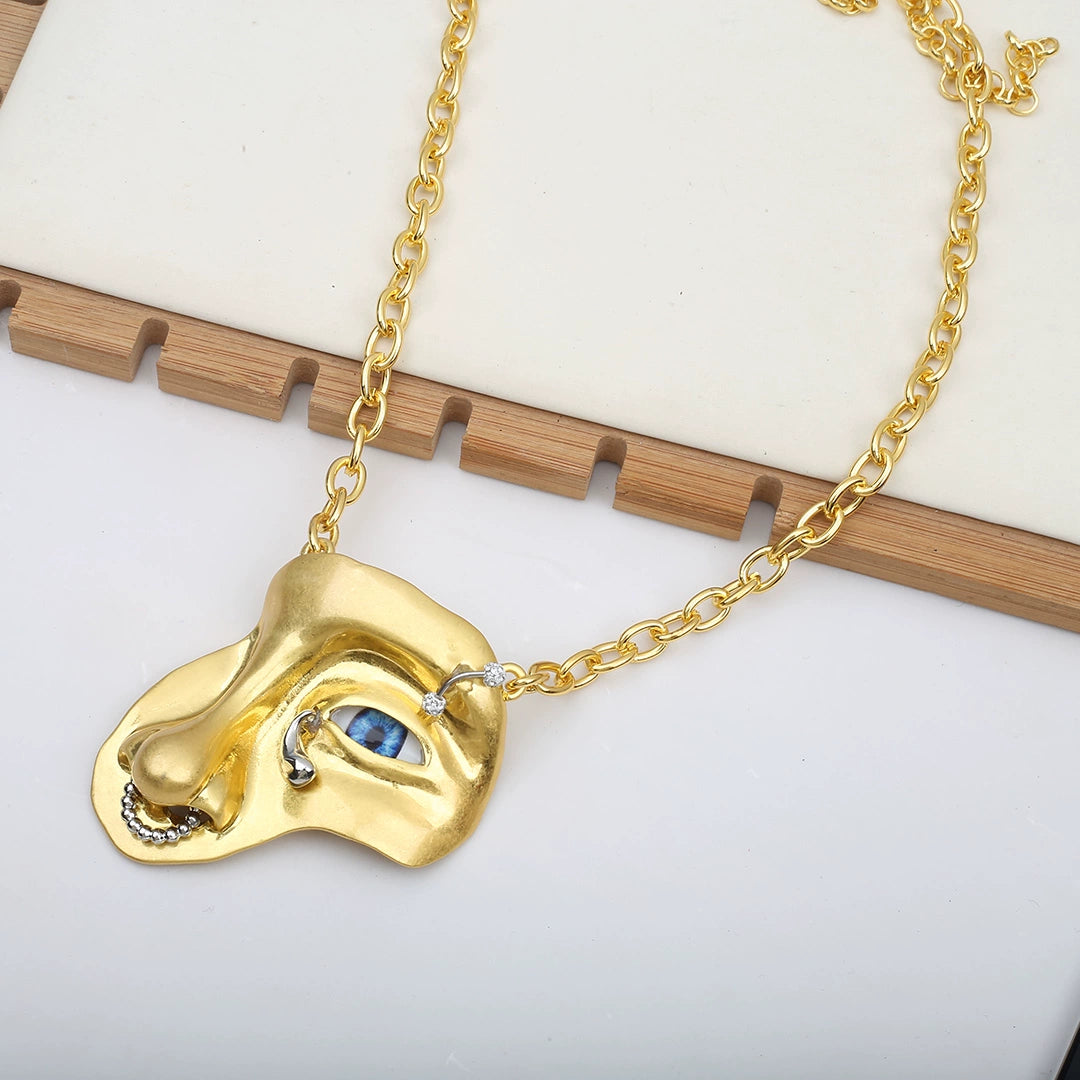 Fashion Xiapa Exaggerated Staring Half Face Mask Necklace Cuban Link Chain Devil's Eye Middle Ancient Eye Clavicle Chain Tide