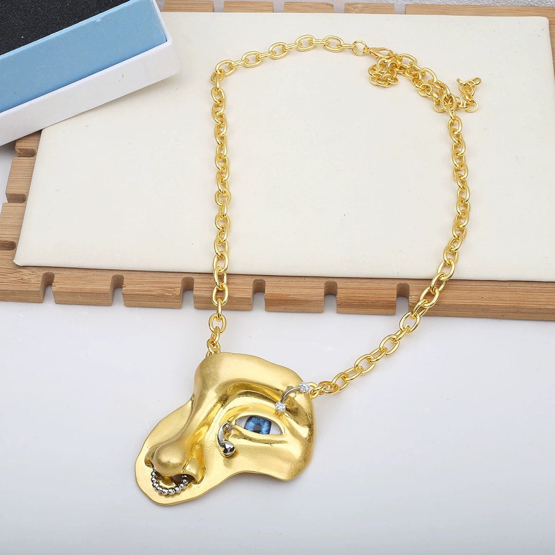 Fashion Xiapa Exaggerated Staring Half Face Mask Necklace Cuban Link Chain Devil's Eye Middle Ancient Eye Clavicle Chain Tide