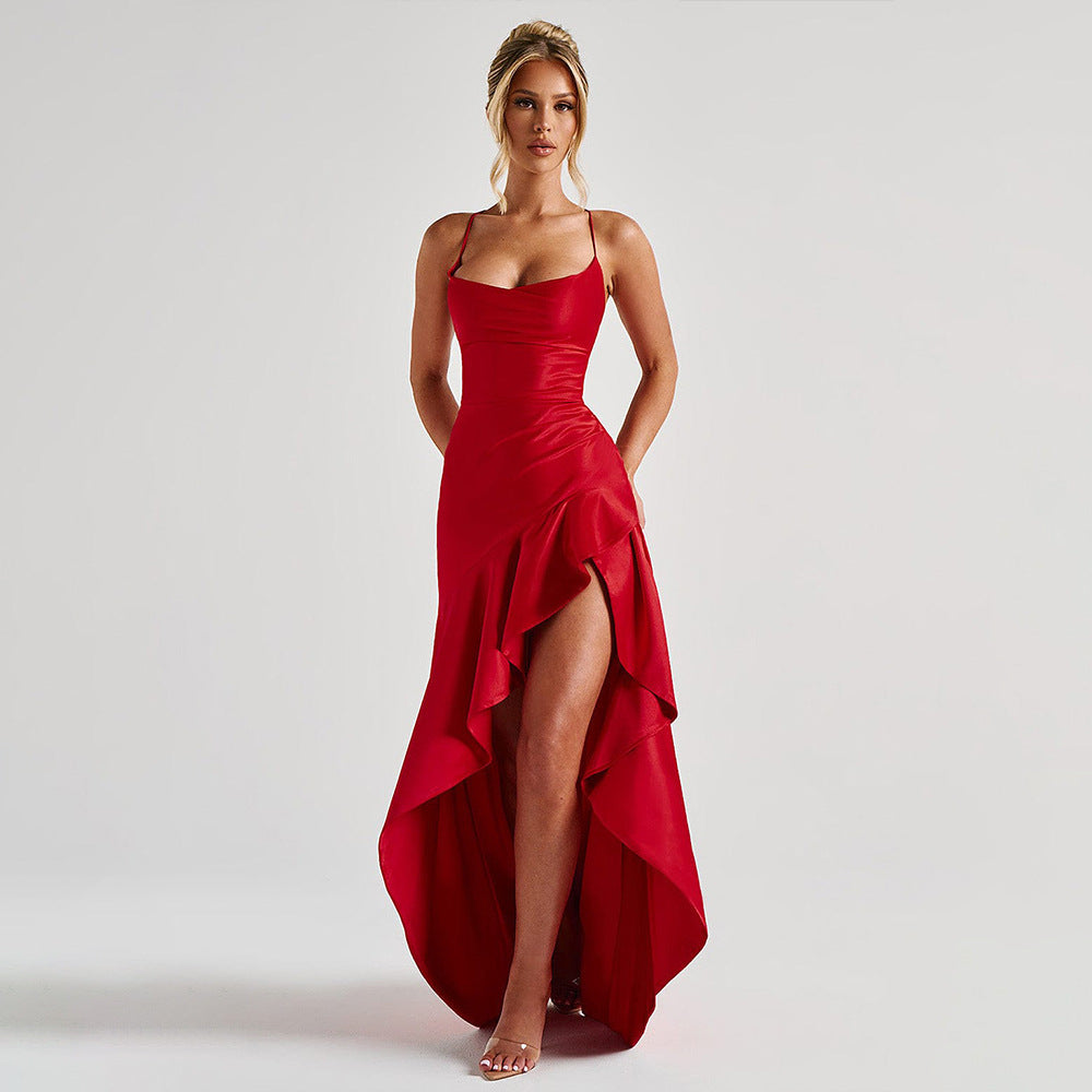 Summer 2025 new temperament elegant satin long skirt personality suspender ruffle high slit dress club clothing Vestidos