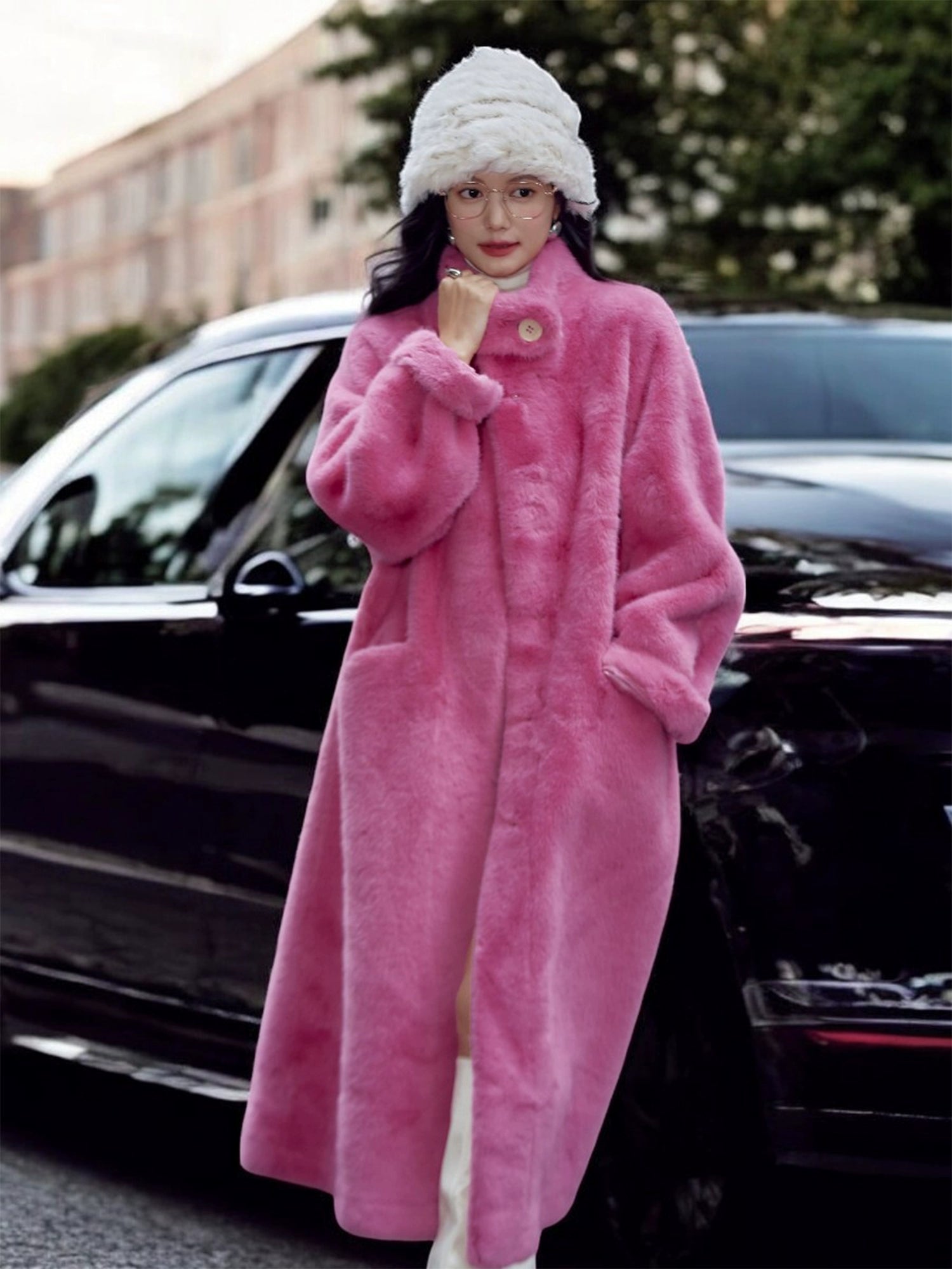 Basic House/Baijiahao New Year Battle Robe Rose Red Classy Furry Coat Female Winter Long Environmental-Friendly Fur