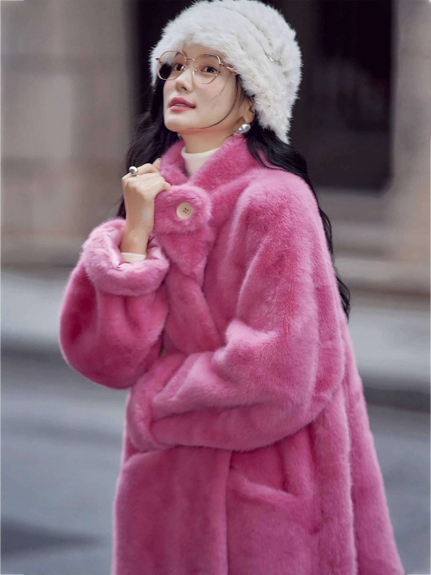 KIMLUD, Basic House/Baijiahao New Year Battle Robe Rose Red Classy Furry Coat Female Winter Long Environmental-Friendly Fur, KIMLUD Womens Clothes