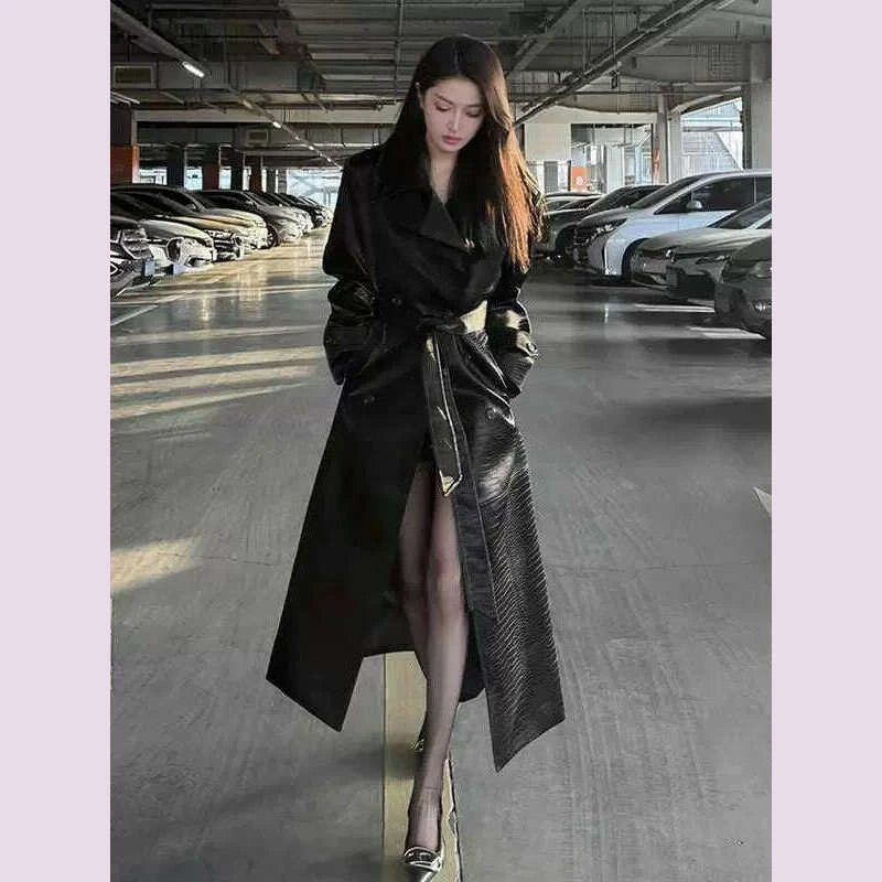 yujie-cool-and-chic-crocodile-pattern-patent-leather-pu-leather-coat-outerwear-women-autumn-new-high-grade-mid-length-waist-hugging-trench coatkimlud-womens-fashion-34608746