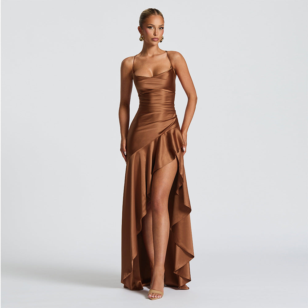 Summer 2025 new temperament elegant satin long skirt personality suspender ruffle high slit dress club clothing Vestidos