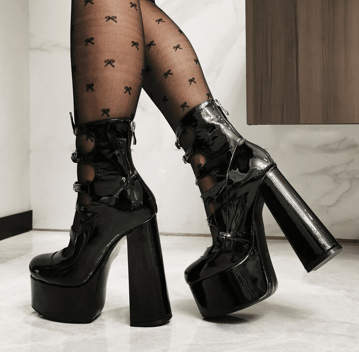 KIMLUD, Hollow-out Bright Red Leather Chunky Heel Boots, KIMLUD Womens Clothes