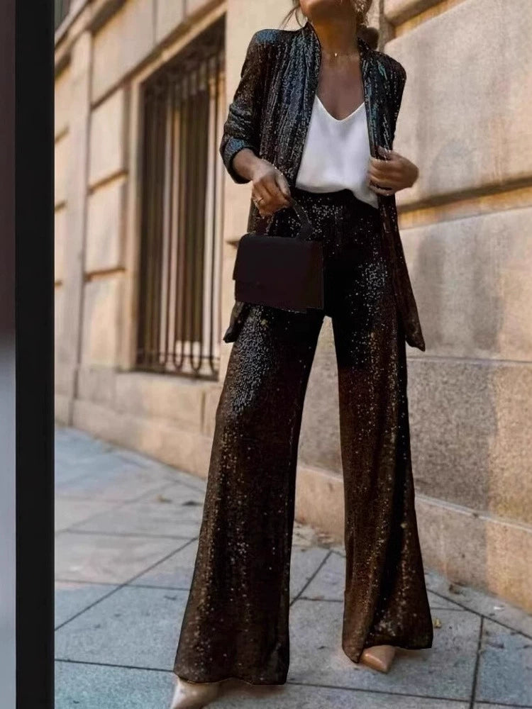 2025 Spring New Cross-Border Three-Color Sequin Full Sequined Small Suit High Waist Fashion Casual Straight Pants Two-piece Set Suit