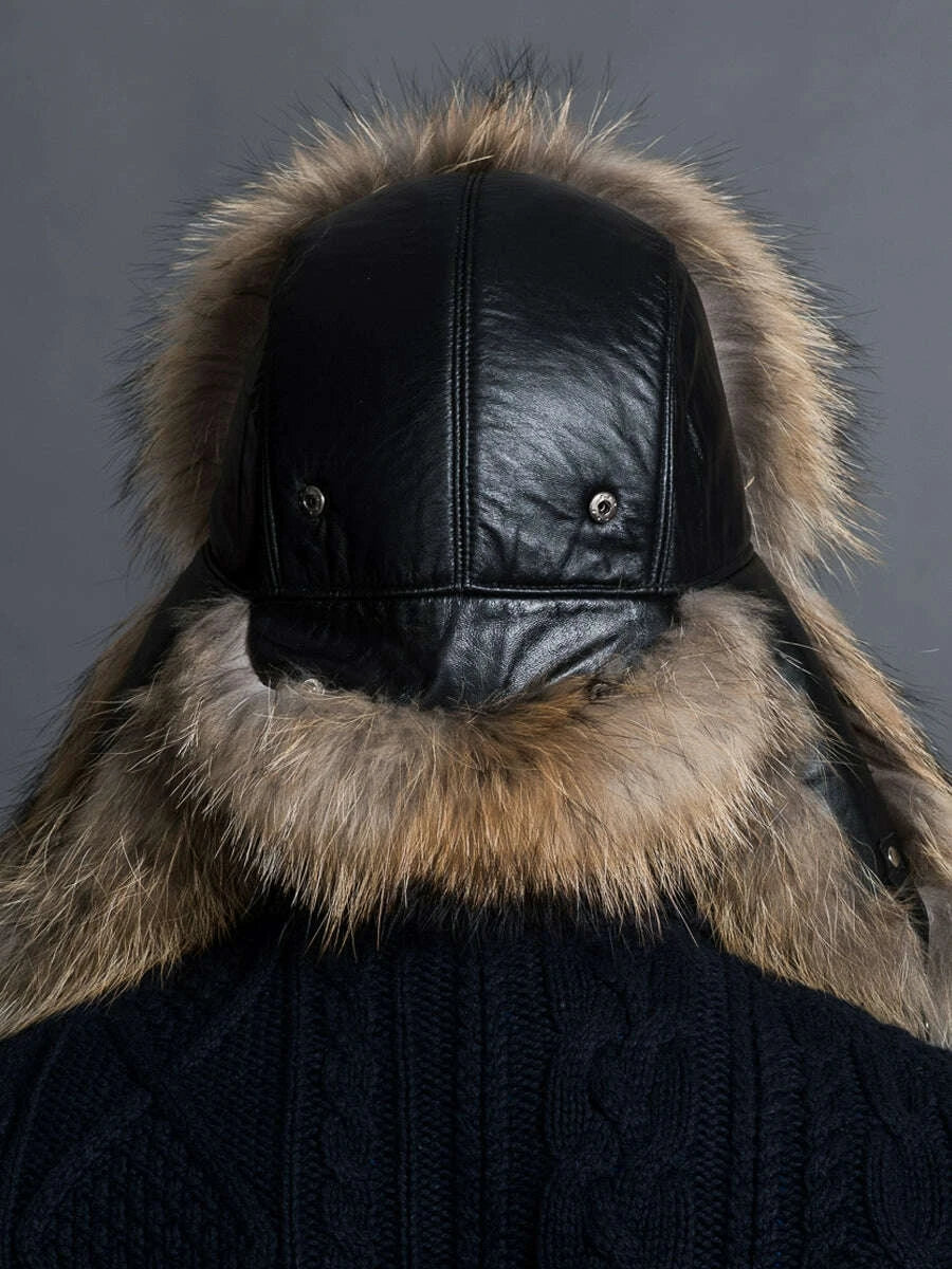 KIMLUD, Winter Middle-Aged and Elderly Raccoon Fur Leather Men Ushanka, KIMLUD Womens Clothes
