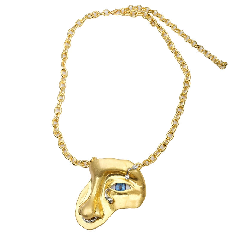 Fashion Xiapa Exaggerated Staring Half Face Mask Necklace Cuban Link Chain Devil's Eye Middle Ancient Eye Clavicle Chain Tide