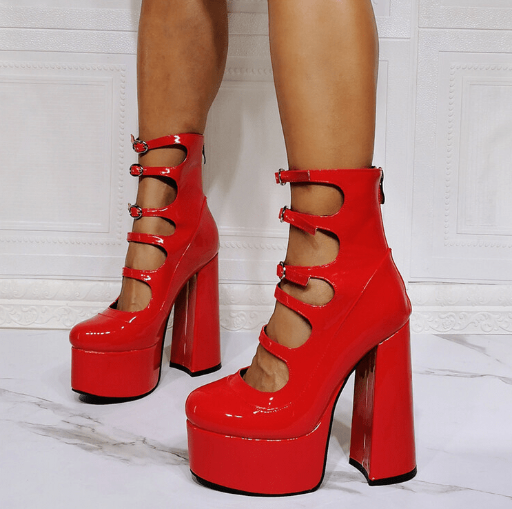 KIMLUD, Hollow-out Bright Red Leather Chunky Heel Boots, KIMLUD Womens Clothes