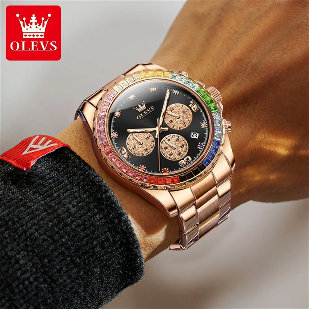 Stainless Steel Watch Rainbow Gemstone Bezel — Rose Gold | KIMLUD