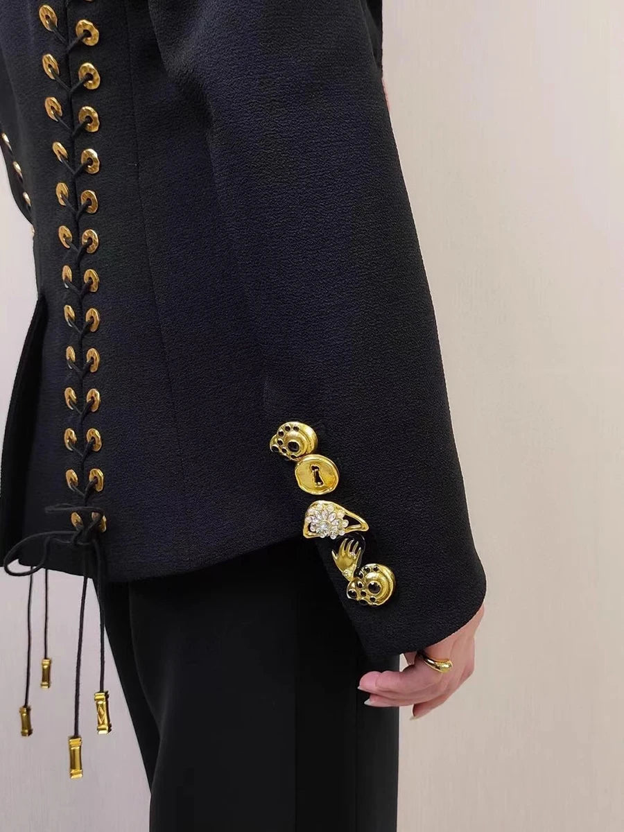 Cotton-Polyester Slimming Jacket With Lace-Up Patchwork — Black | KIMLUD