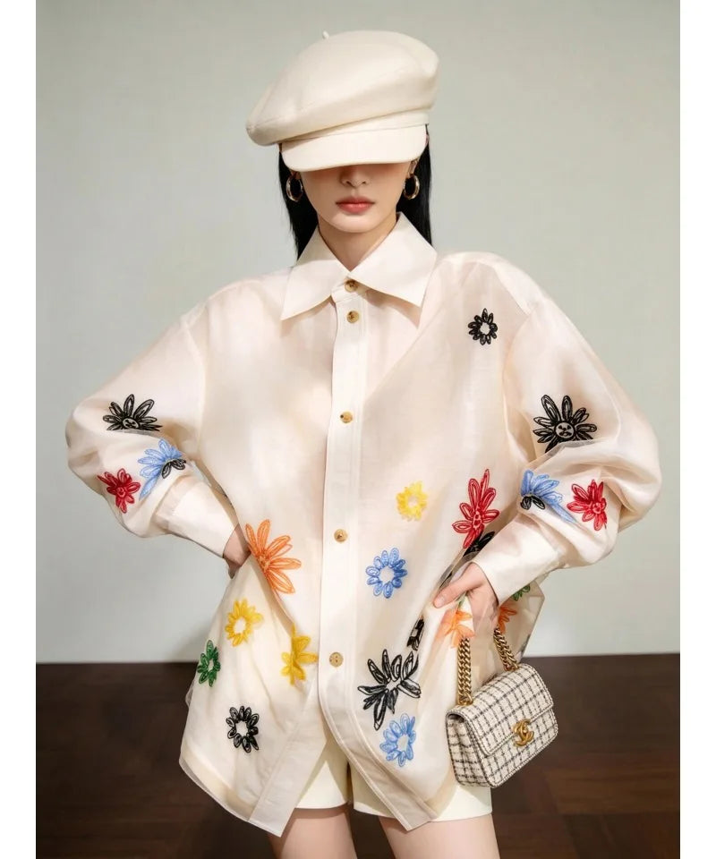 Blouse - Embroidered Floral - Loose | KIMLUD