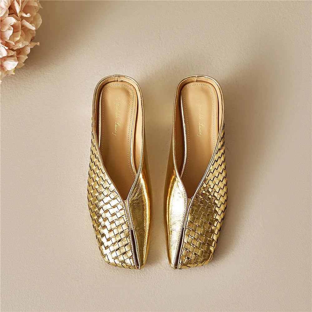 Metallic Cow Leather Slip-On Heels — Gold | KIMLUD
