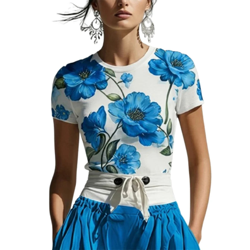 T-Shirt – Floral Print – Polyester – Blue | KIMLUD