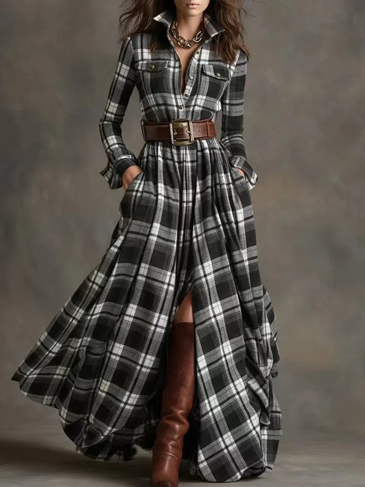 Elegant Long Sleeve Plaid Shirt Dress Fashionable Checkered Collar Dress A- Line Midi Skirt Stylish Commute Wear Polyester Fabri