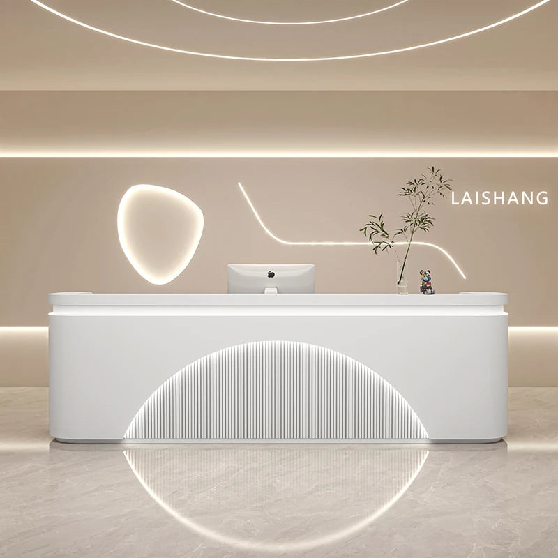 Modern Reception Desk With Integrated LED Lighting — White | KIMLUD