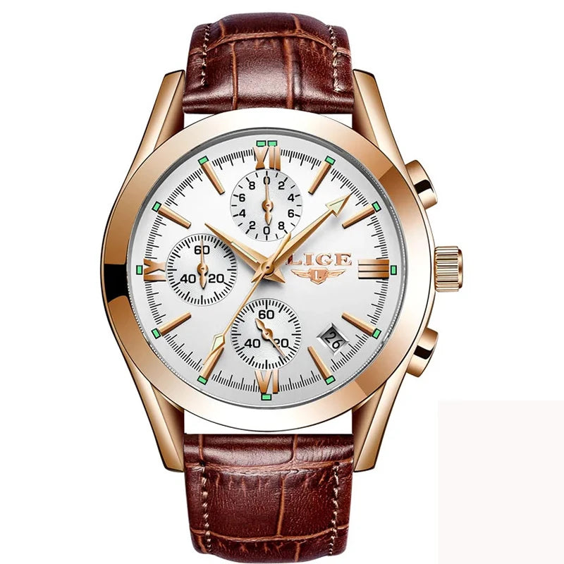 LIGE Fashion Men Watches Top Brand Luxury Military Quartz Watch for Men Business Leather Waterproof Casual Sport Chronograph New