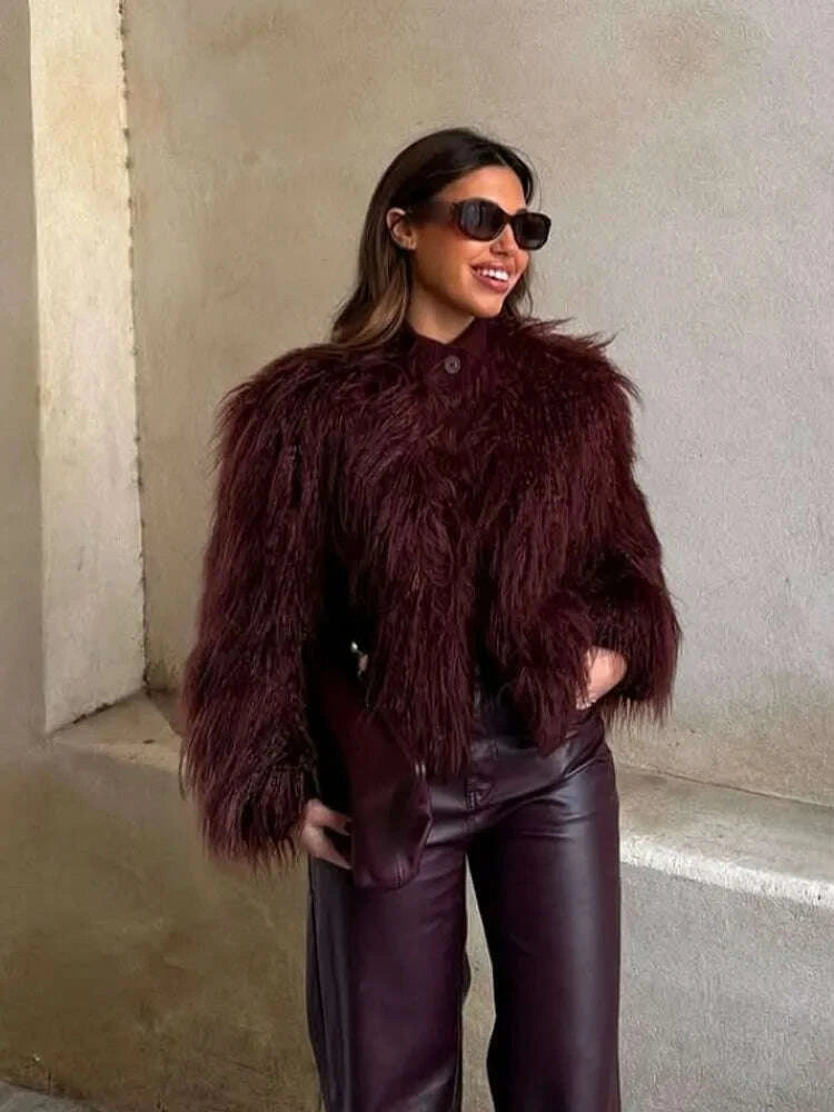 KIMLUD, HH Women's New Faux Fur Effect Knitted Crew Neck Jacket Female Winter Elegant Temperament Single-Breasted Long Sleeve Coat, KIMLUD Womens Clothes