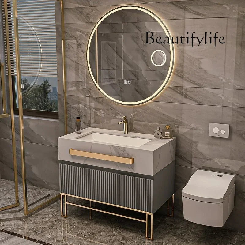Oak Vanity Cabinet With Rock Slab LED Lighting — Grey | KIMLUD