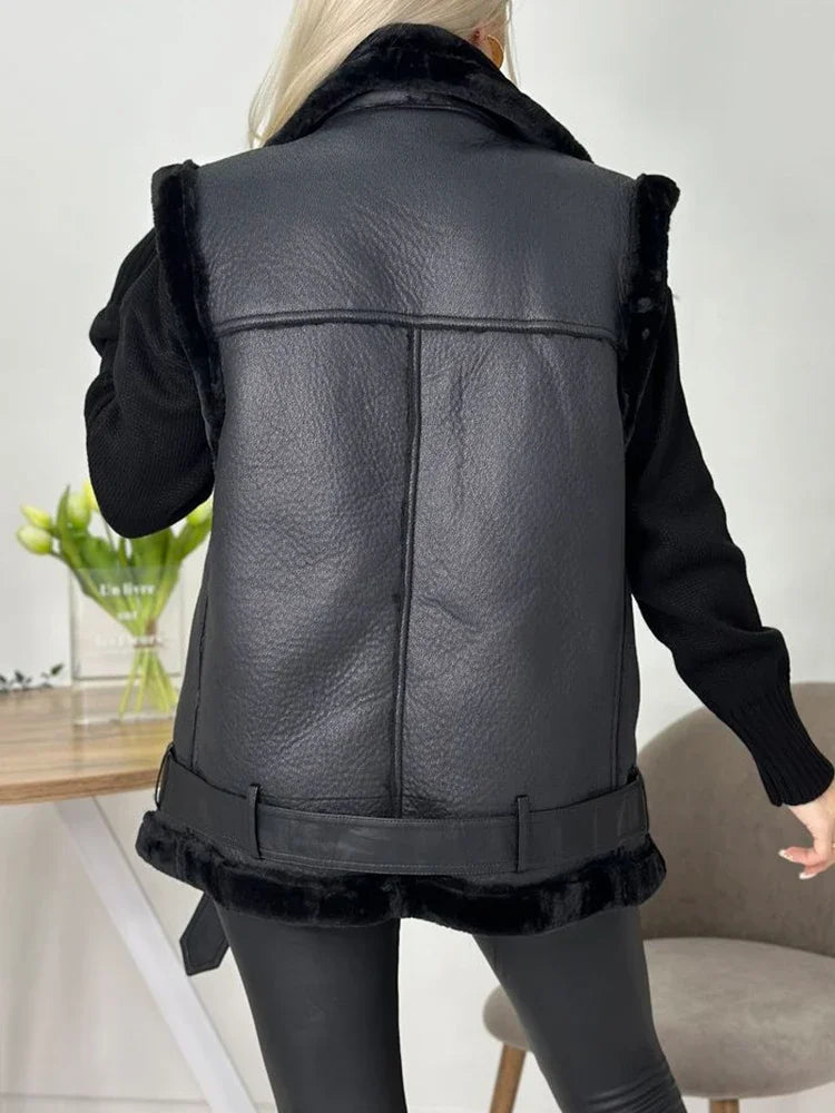 Streetwear Women Loose Thick Warm Sleeveless Faux Soft Fur Leather Vest Autumn Winter Female Zipper Belt Waistcoat Tops