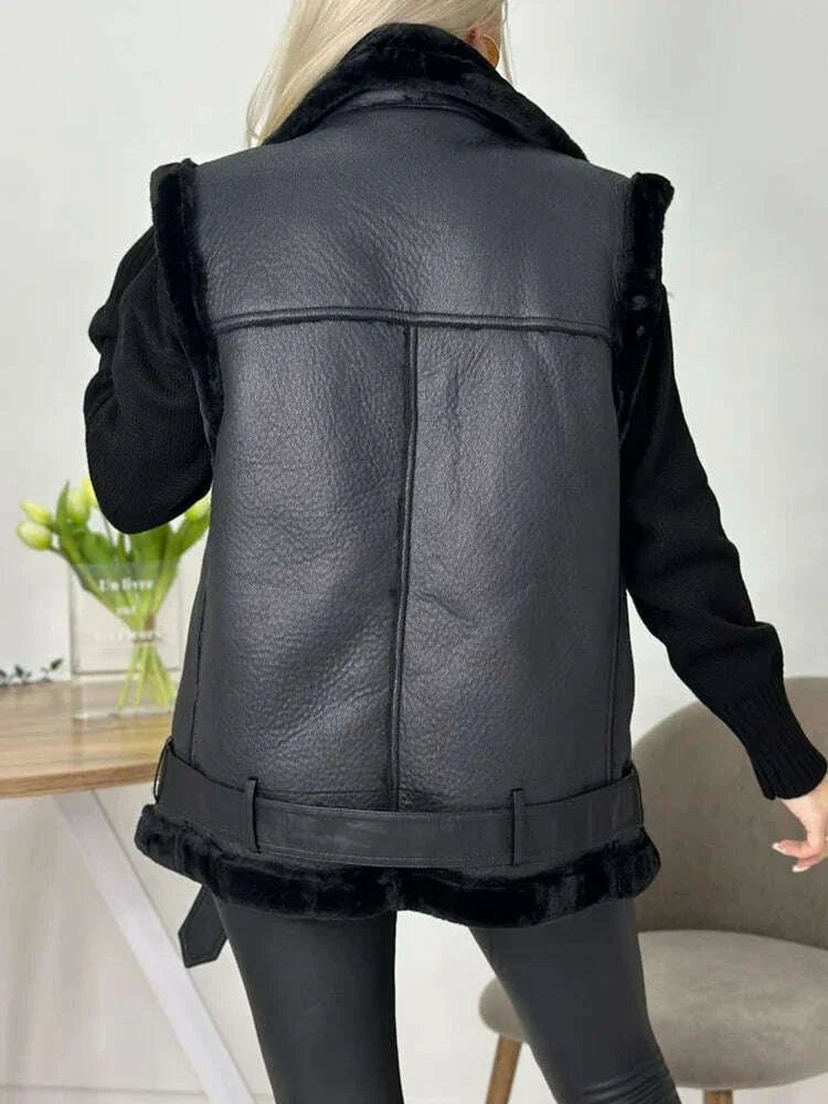 KIMLUD, Streetwear Women Loose Thick Warm Sleeveless Faux Soft Fur Leather Vest Autumn Winter Female Zipper Belt Waistcoat Tops, KIMLUD Womens Clothes