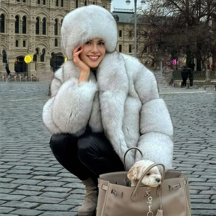 KIMLUD, Natural Fox Fur Coat With Turndown Collar Women's Fox Cropped Jacket Genuine Fur Outerwear Hot Selling Short Real Fur Coat, KIMLUD Womens Clothes