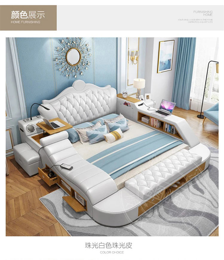 Solid Wood Headboard Storage Bed With Drawers — Ivory White | KIMLUD