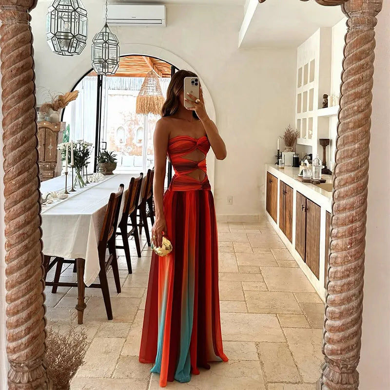 Tie-Dye Gradient Hollow Out Maxi Dress Off Shoulder A Line Silhouette — Multicolor | KIMLUD