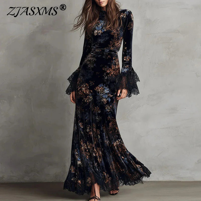 Velvet Floral Print Maxi Dress With O-Neck Empire Waist Long Sleeves — Black | KIMLUD