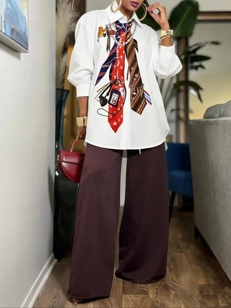 Polyester Puff-Sleeve Shirt With Tie Print — White | KIMLUD