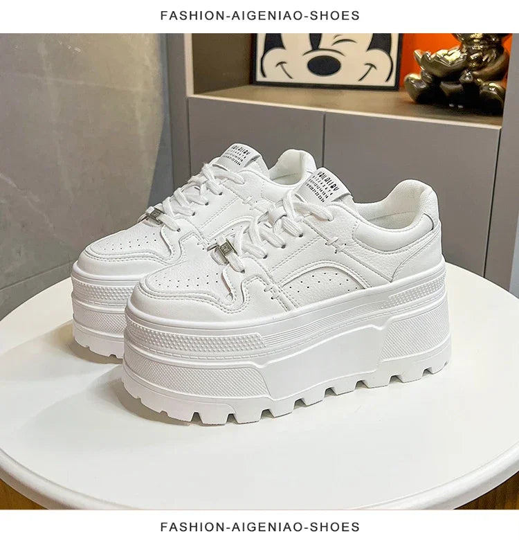 Platform Sneakers 8cm Lace-Up Cushioned Insole For All-Day Comfort — White | KIMLUD