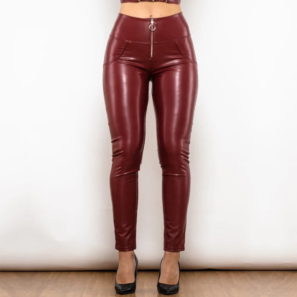 Shascullfites Melody High-Waisted Metallic Leather Leggings Zipper Detail Scrunch Butt Wetlook Pants for Women