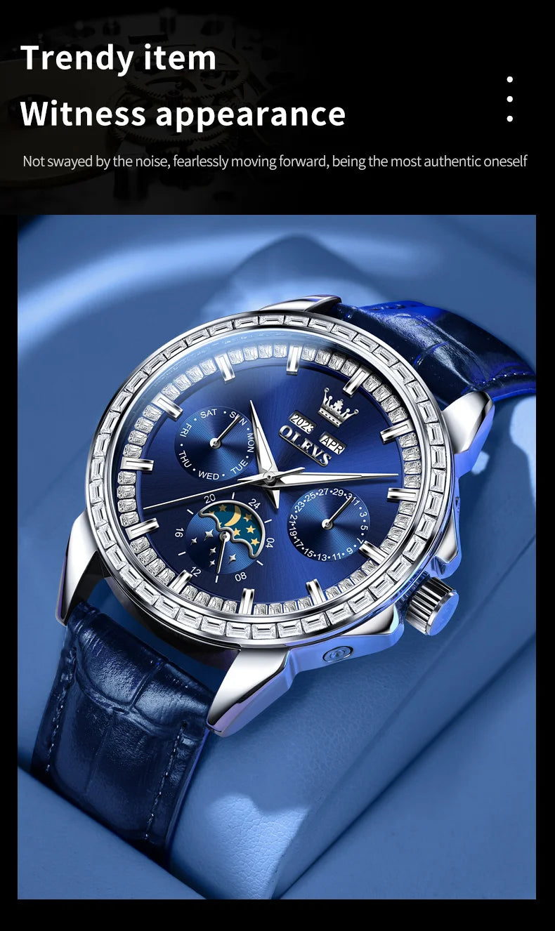 Moon Phase Leather Luxury Watch Diamond Bezel With Automatic Movement 41mm Case — Blue | KIMLUD