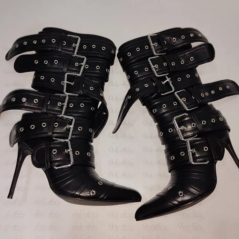 Onlymaker Women Pointed Toe Mid-Calf Boots Buckle Strap Thin High Heel Lady Zipper Female Stiletto Boots