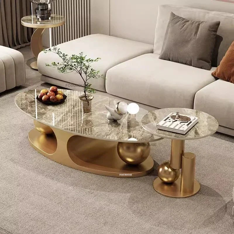 Gold-Toned Iron Oval Coffee Table With Glass Centerpiece — Gold | KIMLUD