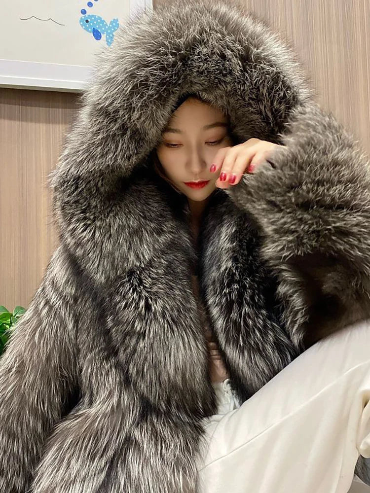 DEAT Fashion Silver Fox Over-knee-length Faux Fur Coat Women's Hooded Loose Plush Jacket Winter New 7A2292