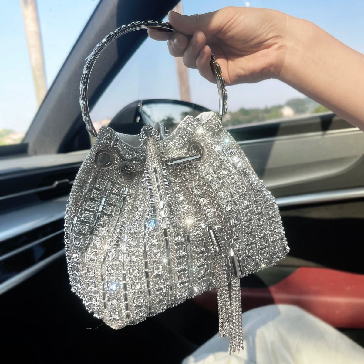 Bucket Bag – Crystal Rhinestone Accent – Polyester | KIMLUD