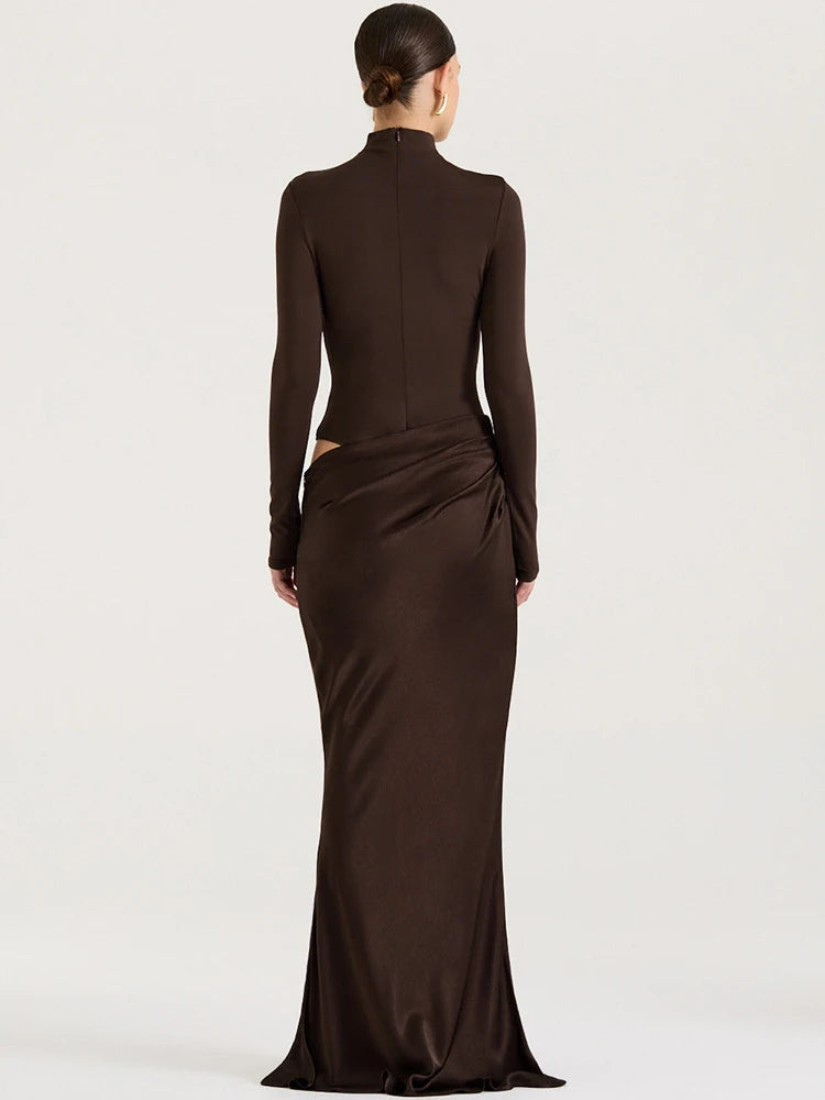 Mozision Autumn Long Sleeve Sexy Maxi Dress Women Fashion Hollow Out Turtleneck Ruched Bodycon Club Party Long Dresses Female