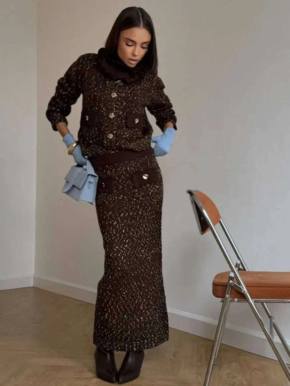 Fashion Knitted Long Skirts Sets Women Lapel Full Sleeve Single Breasted Sweater Hip Package Slim Skirt 2026 Spring Lady Outfits