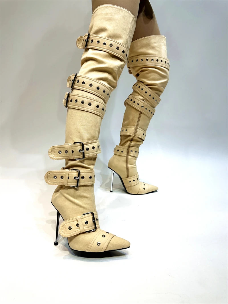 New Women's Denim Metal Rivet Buckle Sandals Women's Sexy Punk Style Pointed Hollow Metal 11cm High Heel Knee High Boots Size43
