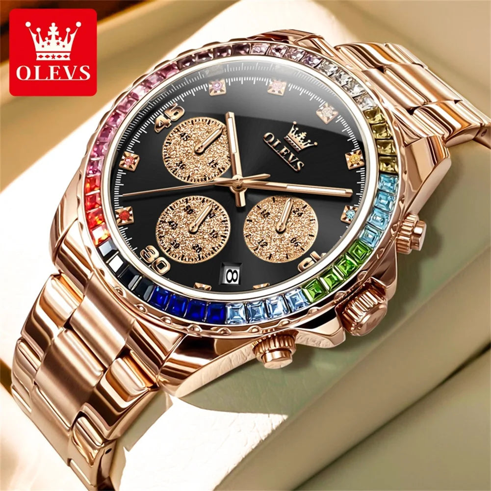 Stainless Steel Watch Rainbow Gemstone Bezel — Rose Gold | KIMLUD
