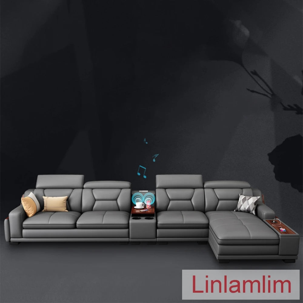 Italian Genuine Leather Sofa Featuring Bluetooth Speaker — Slate Gray | KIMLUD